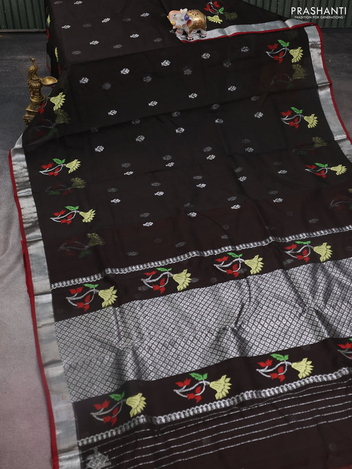 Pure zari kota silk saree deep coffee brown and rust shade with silver zari woven buttas and silver zari woven border