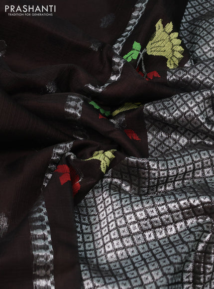 Pure zari kota silk saree deep coffee brown and rust shade with silver zari woven buttas and silver zari woven border