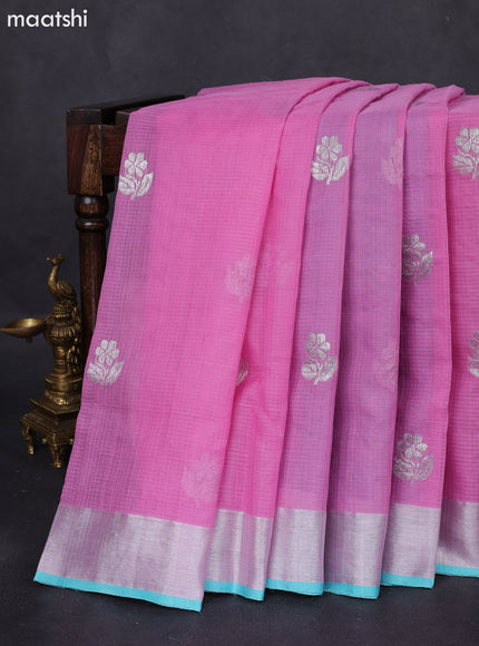 Pure zari kota silk saree lavender and teal blue with silver zari woven floral buttas and silver zari woven border