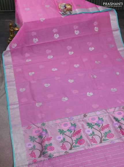 Pure zari kota silk saree lavender and teal blue with silver zari woven floral buttas and silver zari woven border