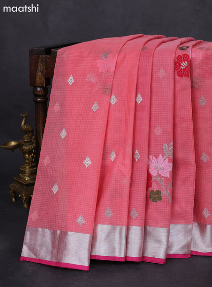Pure zari kota silk saree peach pink and pink with thread & silver zari woven buttas and silver zari woven border