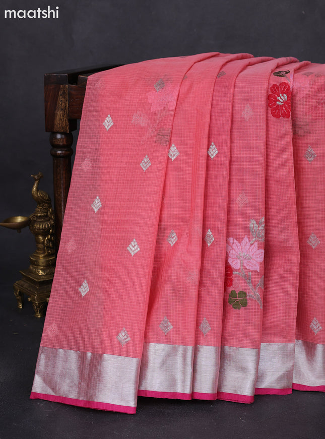 Pure zari kota silk saree peach pink and pink with thread & silver zari woven buttas and silver zari woven border