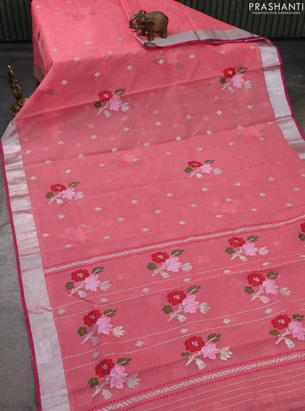 Pure zari kota silk saree peach pink and pink with thread & silver zari woven buttas and silver zari woven border