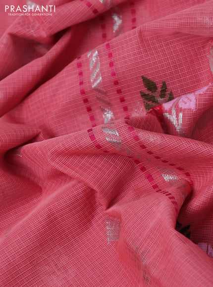 Pure zari kota silk saree peach pink and pink with thread & silver zari woven buttas and silver zari woven border