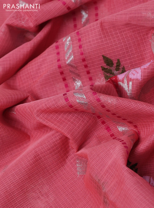 Pure zari kota silk saree peach pink and pink with thread & silver zari woven buttas and silver zari woven border