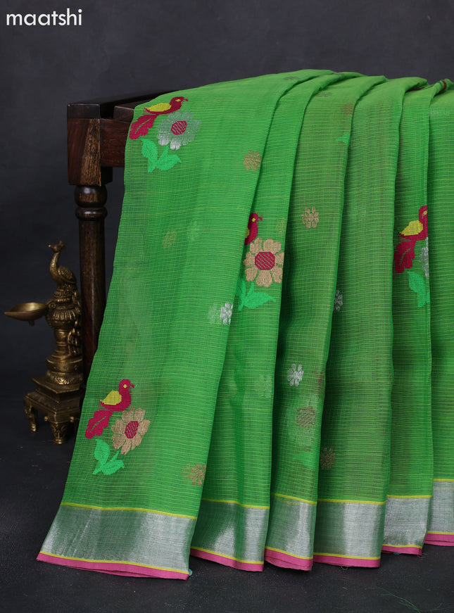 Pure zari kota silk saree parrot green and pink with thread & zari woven buttas and silver zari woven border