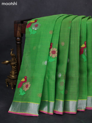 Pure zari kota silk saree parrot green and pink with thread & zari woven buttas and silver zari woven border