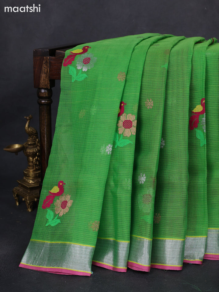 Pure zari kota silk saree parrot green and pink with thread & zari woven buttas and silver zari woven border