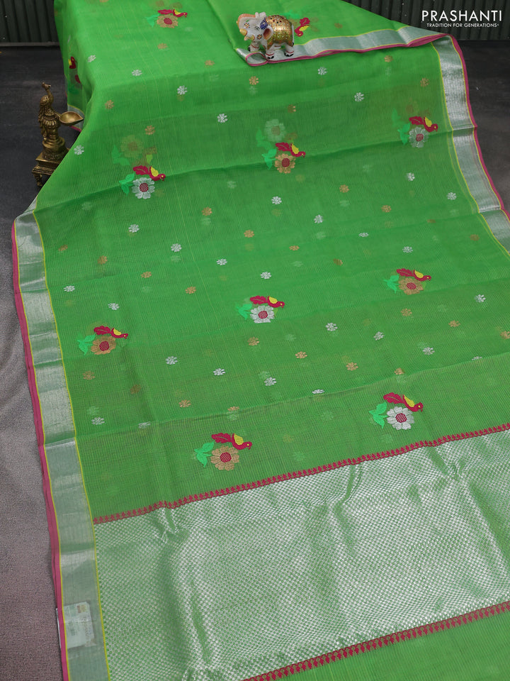 Pure zari kota silk saree parrot green and pink with thread & zari woven buttas and silver zari woven border