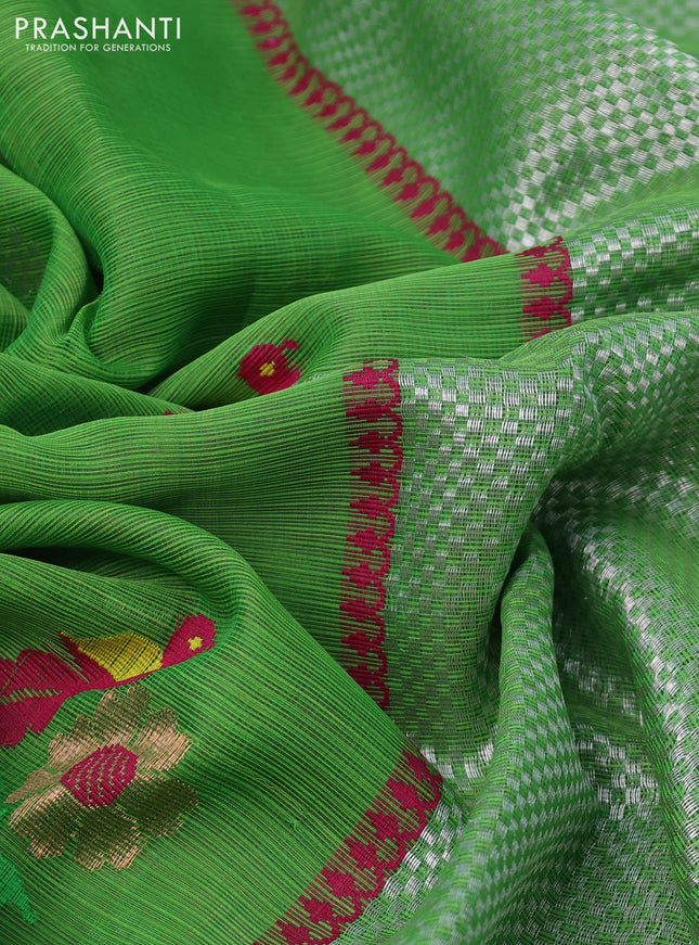 Pure zari kota silk saree parrot green and pink with thread & zari woven buttas and silver zari woven border