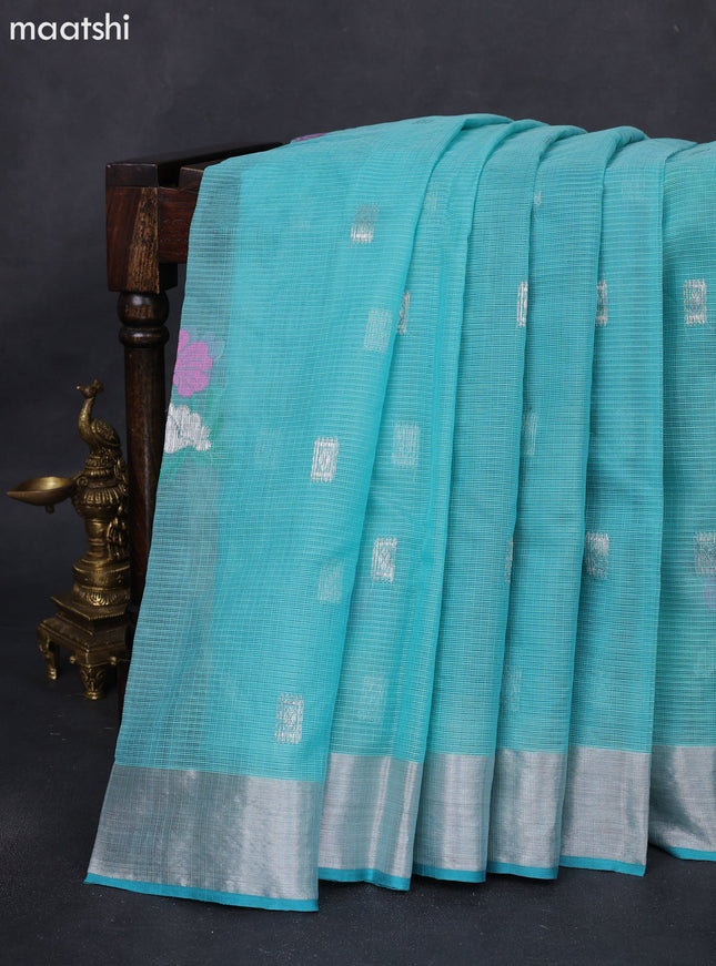 Pure zari kota silk saree light blue with silver zari woven buttas and silver zari woven border