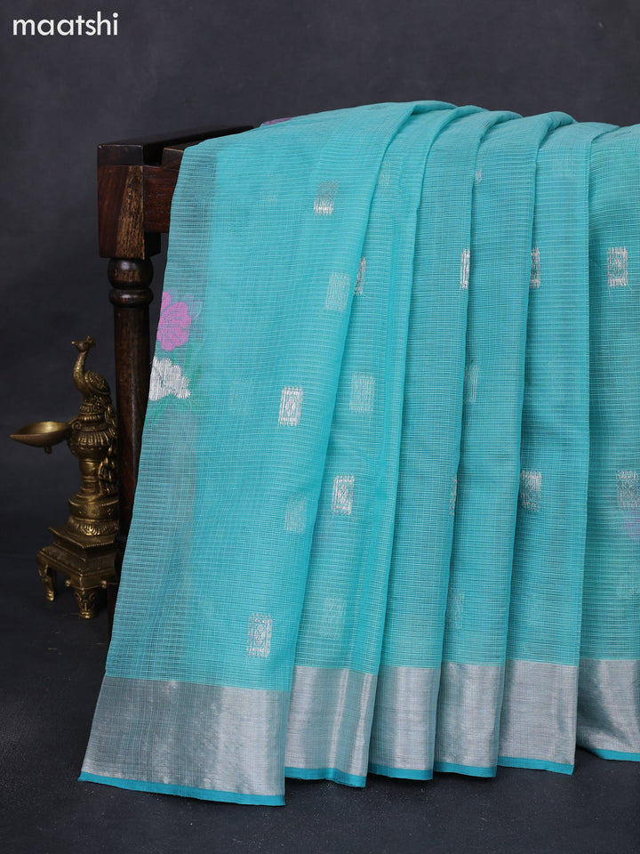 Pure zari kota silk saree light blue with silver zari woven buttas and silver zari woven border