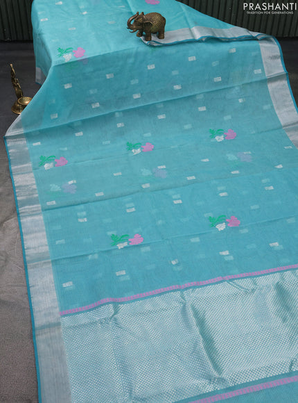 Pure zari kota silk saree light blue with silver zari woven buttas and silver zari woven border