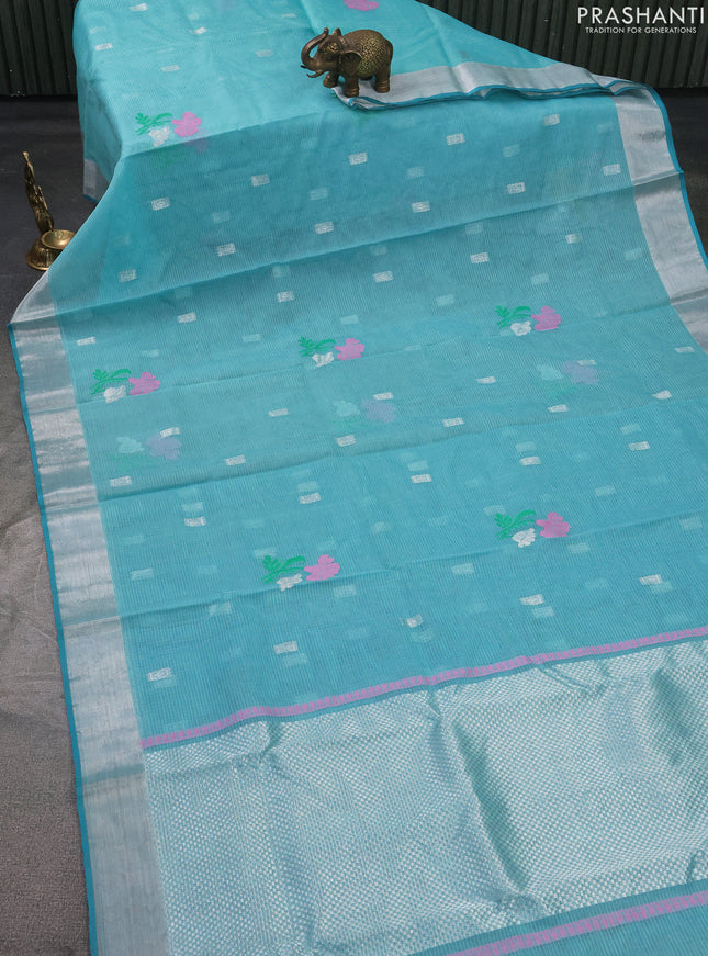 Pure zari kota silk saree light blue with silver zari woven buttas and silver zari woven border