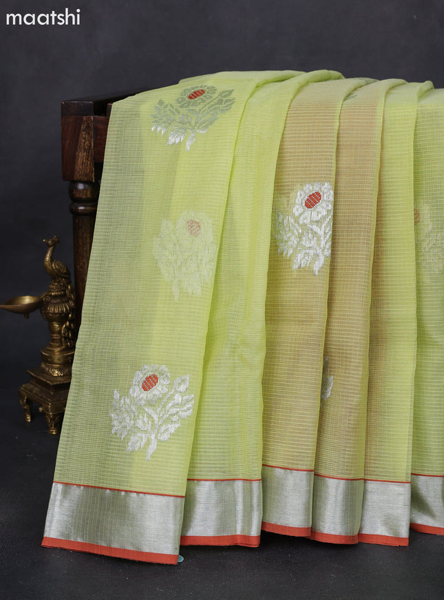 Pure zari kota silk saree lime yellow and rust shade with thread & silver zari woven buttas and silver zari woven border