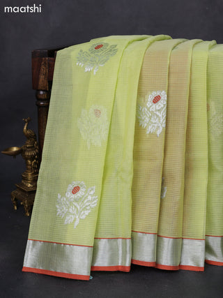 Pure zari kota silk saree lime yellow and rust shade with thread & silver zari woven buttas and silver zari woven border