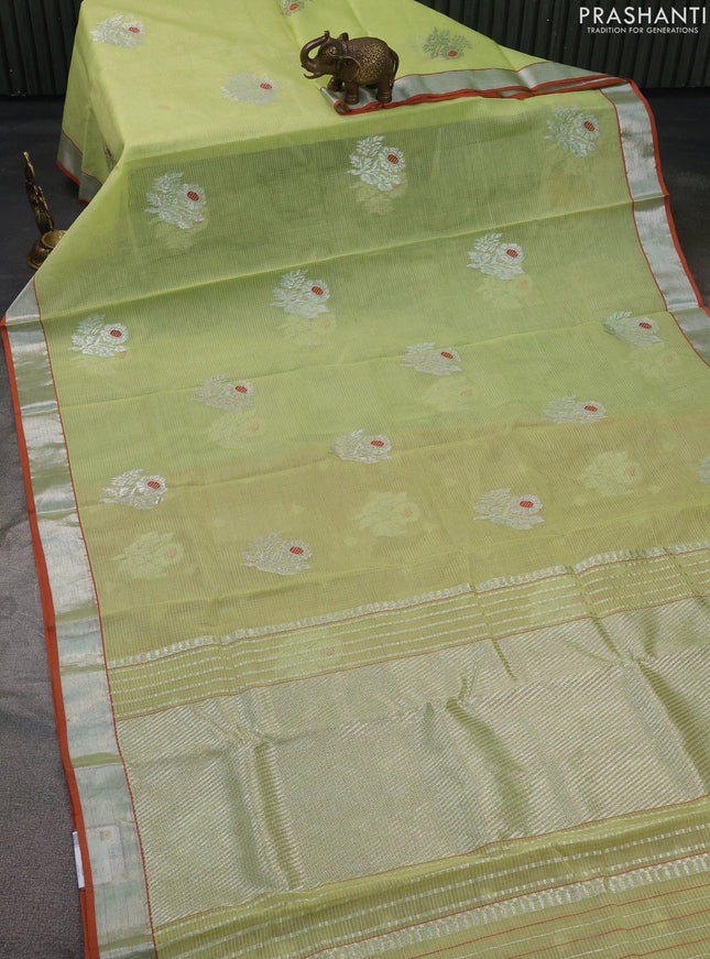 Pure zari kota silk saree lime yellow and rust shade with thread & silver zari woven buttas and silver zari woven border