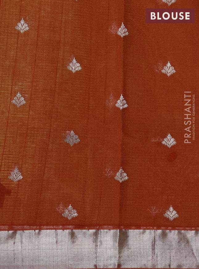 Pure zari kota silk saree lime yellow and rust shade with thread & silver zari woven buttas and silver zari woven border