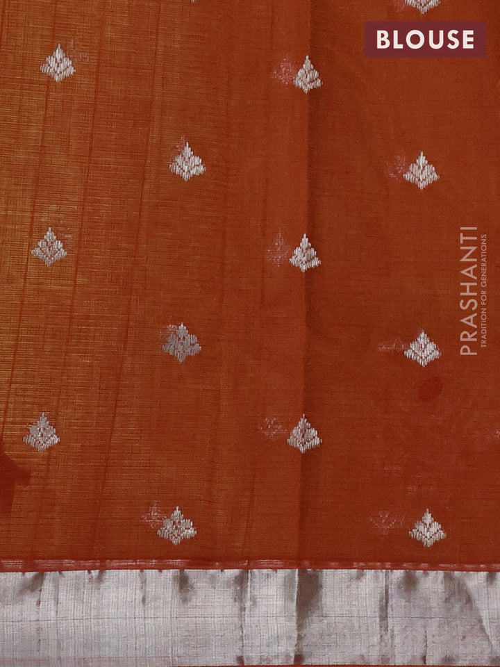 Pure zari kota silk saree lime yellow and rust shade with thread & silver zari woven buttas and silver zari woven border