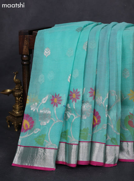 Pure zari kota silk saree teal shade and pink with silver zari woven buttas and silver zari woven border