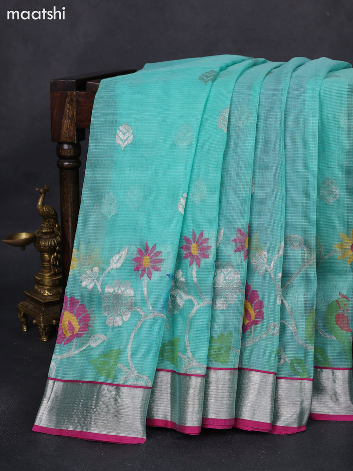 Pure zari kota silk saree teal shade and pink with silver zari woven buttas and silver zari woven border