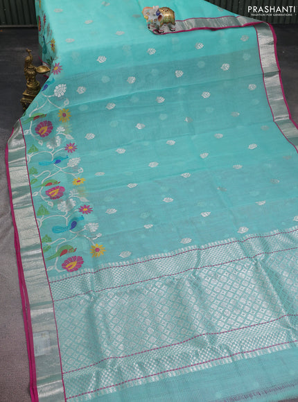 Pure zari kota silk saree teal shade and pink with silver zari woven buttas and silver zari woven border