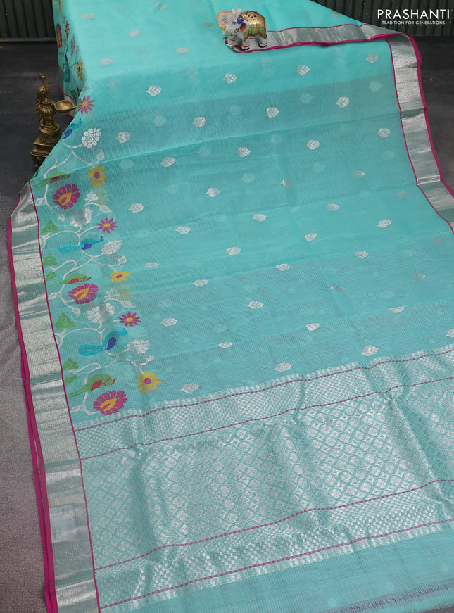 Pure zari kota silk saree teal shade and pink with silver zari woven buttas and silver zari woven border