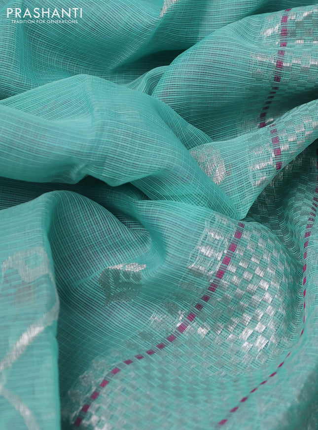 Pure zari kota silk saree teal shade and pink with silver zari woven buttas and silver zari woven border