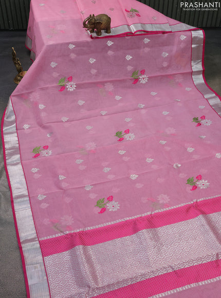 Pure zari kota silk saree light pink and pink with thread & silver zari woven buttas and silver zari woven border