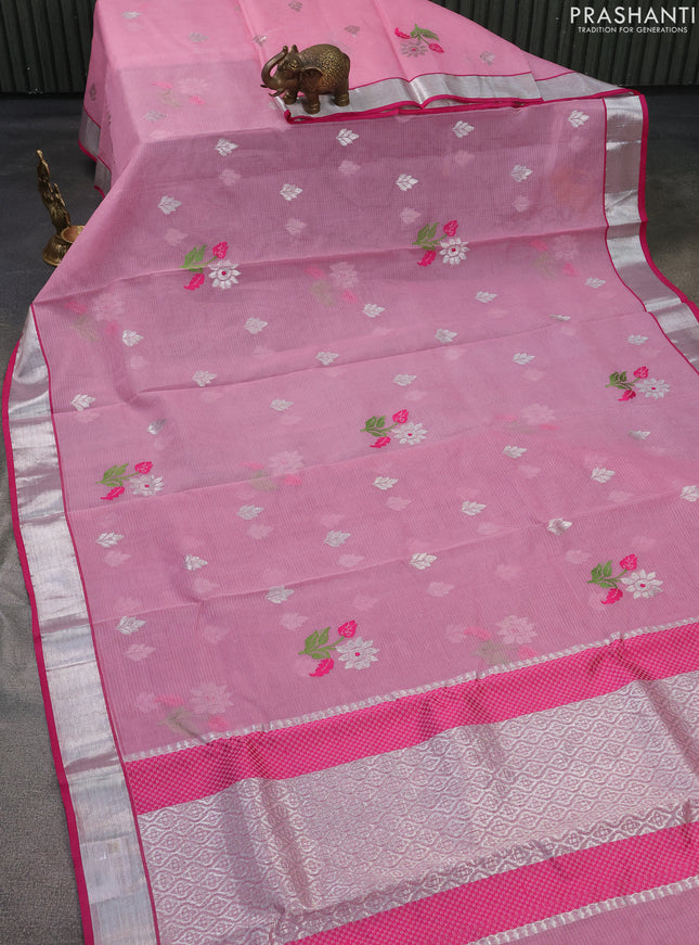 Pure zari kota silk saree light pink and pink with thread & silver zari woven buttas and silver zari woven border