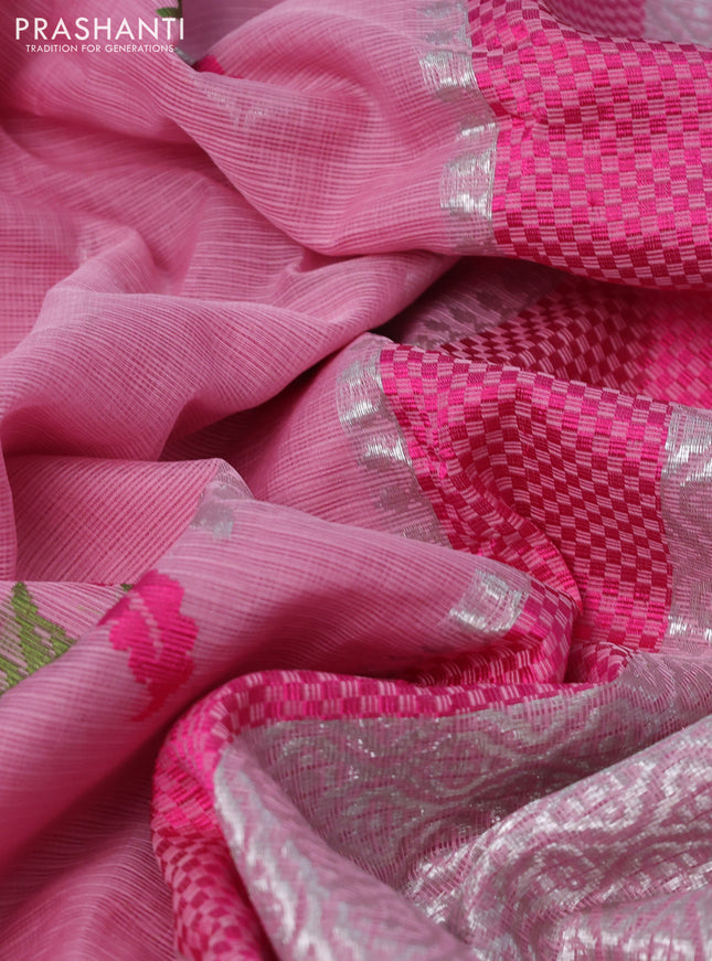 Pure zari kota silk saree light pink and pink with thread & silver zari woven buttas and silver zari woven border