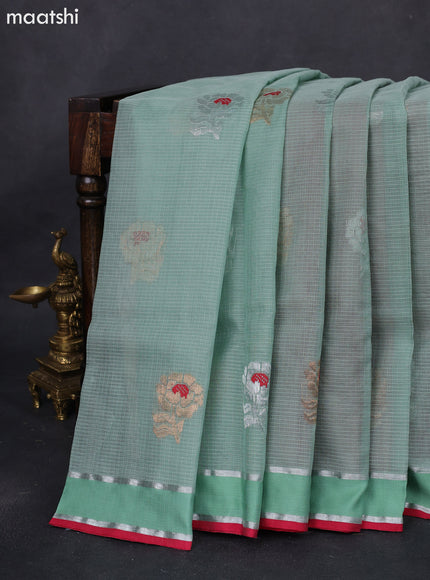 Pure zari kota silk saree pastel green and maroon with thread & silver zari woven buttas and rettapet silver zari woven border