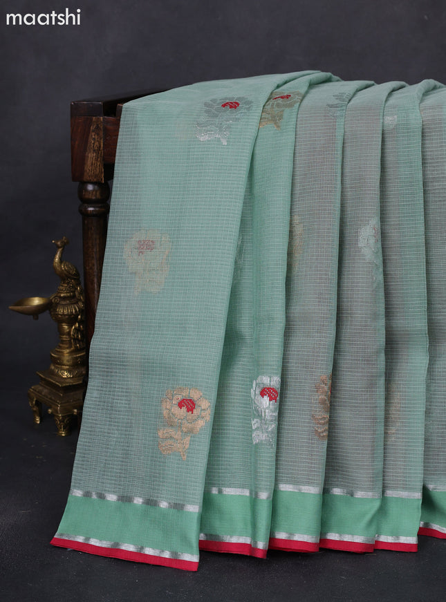Pure zari kota silk saree pastel green and maroon with thread & silver zari woven buttas and rettapet silver zari woven border