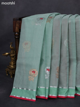 Pure zari kota silk saree pastel green and maroon with thread & silver zari woven buttas and rettapet silver zari woven border