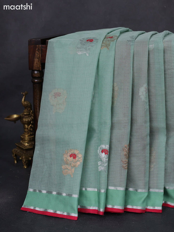 Pure zari kota silk saree pastel green and maroon with thread & silver zari woven buttas and rettapet silver zari woven border