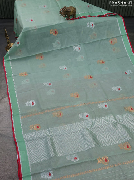 Pure zari kota silk saree pastel green and maroon with thread & silver zari woven buttas and rettapet silver zari woven border
