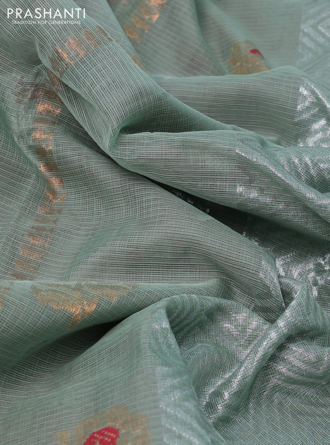 Pure zari kota silk saree pastel green and maroon with thread & silver zari woven buttas and rettapet silver zari woven border