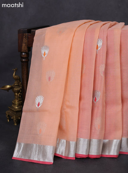 Pure zari kota silk saree peach shade and pink with thread & silver zari woven buttas and silver zari woven border