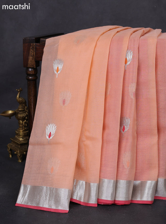 Pure zari kota silk saree peach shade and pink with thread & silver zari woven buttas and silver zari woven border