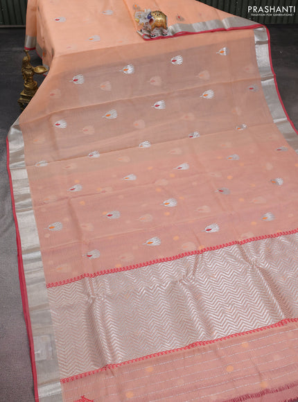 Pure zari kota silk saree peach shade and pink with thread & silver zari woven buttas and silver zari woven border
