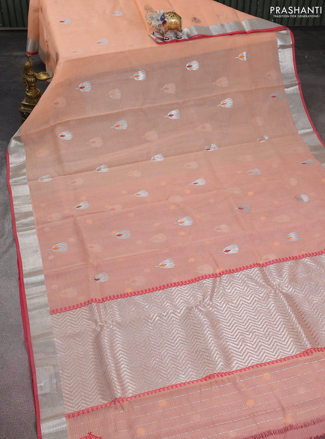 Pure zari kota silk saree peach shade and pink with thread & silver zari woven buttas and silver zari woven border
