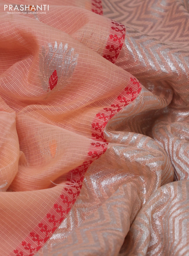 Pure zari kota silk saree peach shade and pink with thread & silver zari woven buttas and silver zari woven border