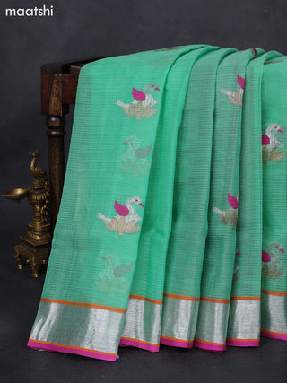 Pure zari kota silk saree teal green and pink with thread & silver zari woven buttas and silver zari woven border