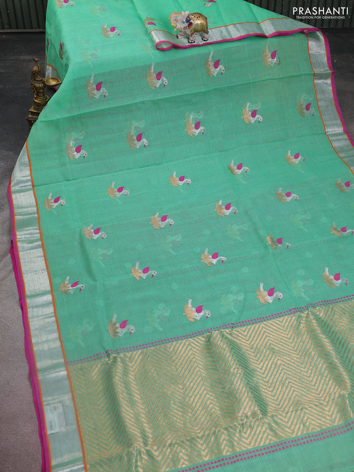 Pure zari kota silk saree teal green and pink with thread & silver zari woven buttas and silver zari woven border