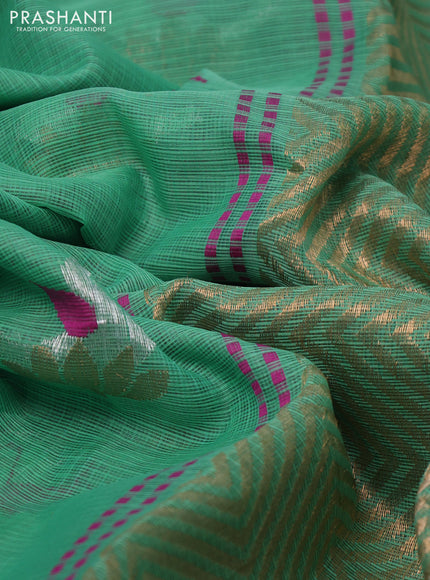 Pure zari kota silk saree teal green and pink with thread & silver zari woven buttas and silver zari woven border