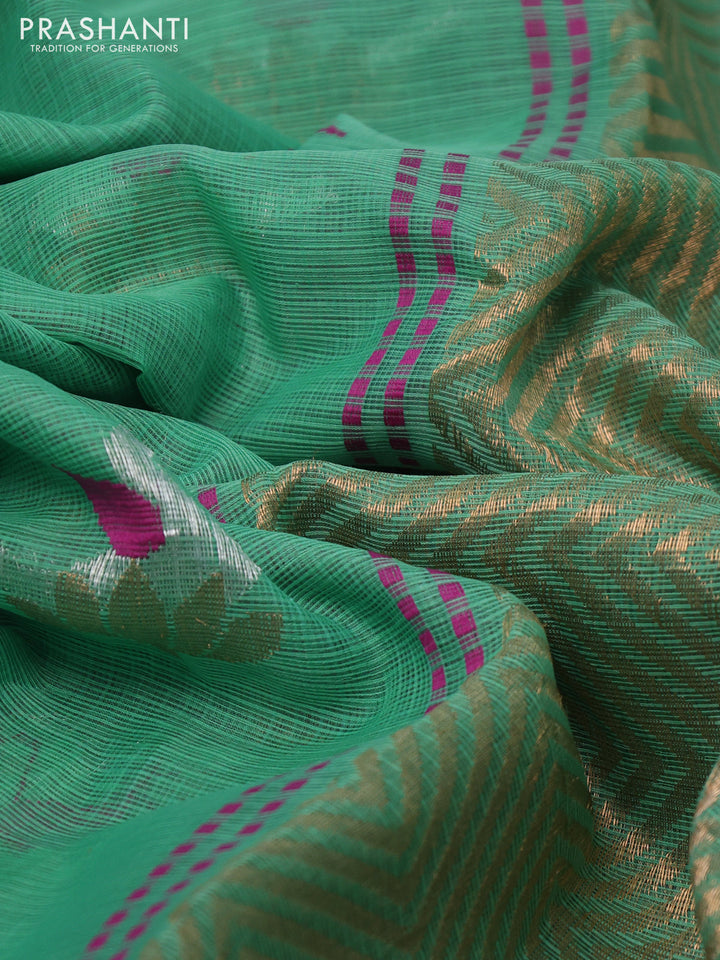 Pure zari kota silk saree teal green and pink with thread & silver zari woven buttas and silver zari woven border