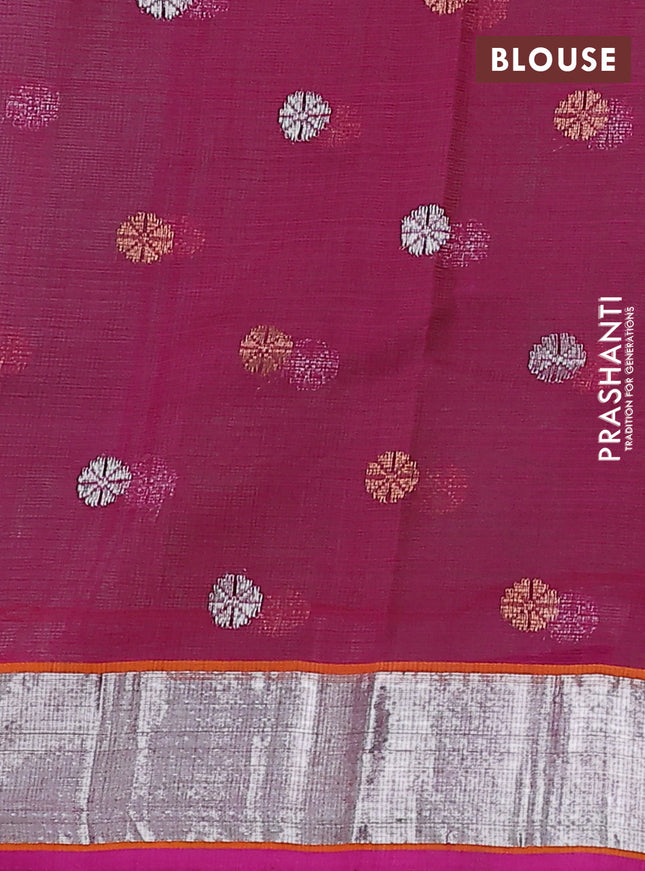 Pure zari kota silk saree teal green and pink with thread & silver zari woven buttas and silver zari woven border