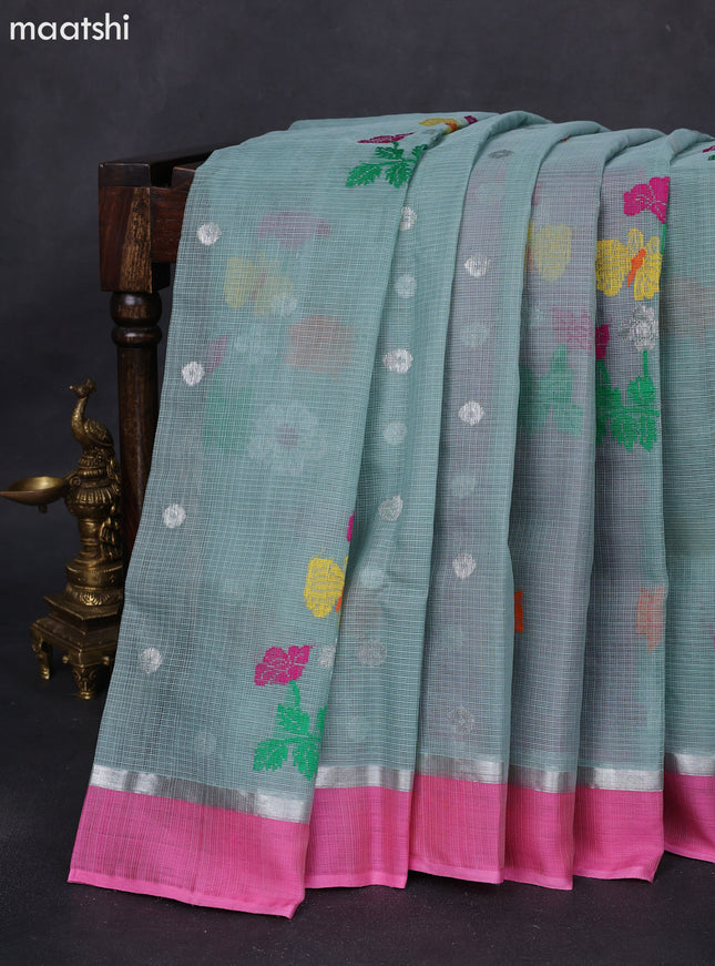 Pure zari kota silk saree pastel shade and pink with thread & silver zari woven buttas and silver zari woven simple border