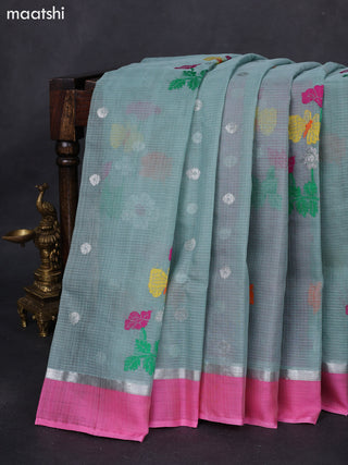 Pure zari kota silk saree pastel shade and pink with thread & silver zari woven buttas and silver zari woven simple border