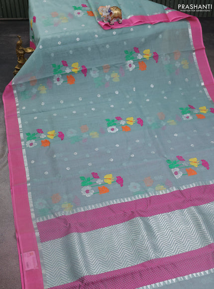 Pure zari kota silk saree pastel shade and pink with thread & silver zari woven buttas and silver zari woven simple border